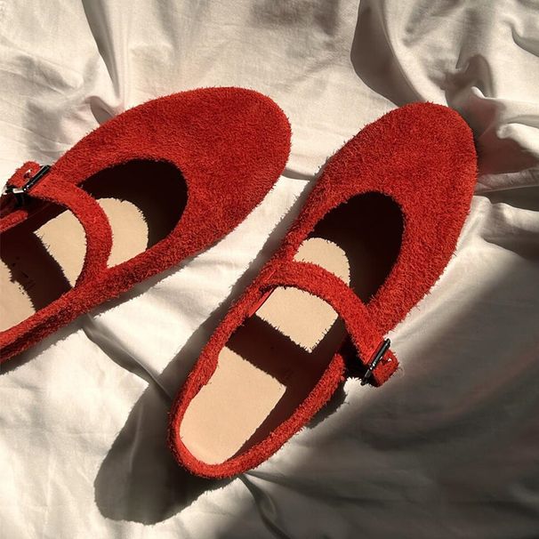 Cowhide Version Version Of Round Toe Mary Jane Shoes, Brushed Cowhide Shallow Mouth Flat Shoes, Red Single Shoes For Women_vogvips.com