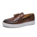 Mens Black Embossed Shock Absorbing Leather Loafers With Tassels Slip On Casual Shoes_vogvips.com