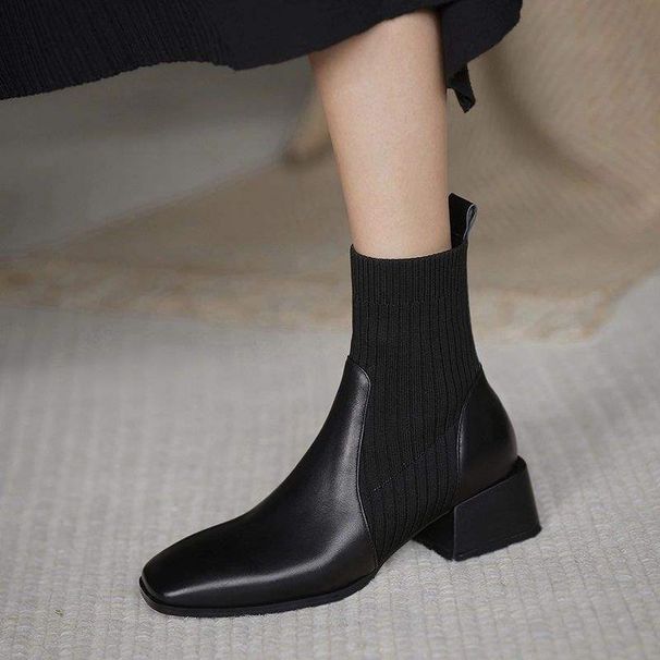 35-43 Large Size Shoes Thick Martin Women's 41 Square Toe Mid Heel Stretch Sock Knitted Slim Short Boots 42_vogvips.com
