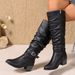 Western Cowboy Boots Knee High Leather Look Chunky Heel Buckle Detail Riding Boots Chunky Heel Platform Sole High Top Riding Boots Single Boots_vogvips.com