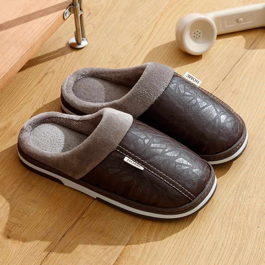 Men's Slippers Winter Big Size Indoor Waterproof PU Leather Large Sizes Home Shoes Fur Flat Cotton Bedroom Houseshoes_vogvips.com