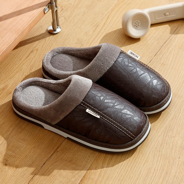 Men's Slippers Winter Big Size Indoor Waterproof PU Leather Large Sizes Home Shoes Fur Flat Cotton Bedroom Houseshoes_vogvips.com