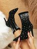Elegant Pointed Toe Stiletto Boots For Women - Stretch Suede Mid-Calf Boots With Rhinestone Detail - Black High Heel Fashion Boots_vogvips.com