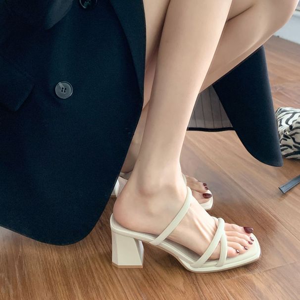 Comfortable Sandals For Women Summer 2024 New Style One Strap Backless Square Open Toe Chunky High Heel Slippers_vogvips.com