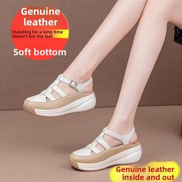 Womens White Beige Platform Gladiator Ankle Buckle Strap Closed Toe Wedge Sandals For Comfort Summer Casual Wear_vogvips.com