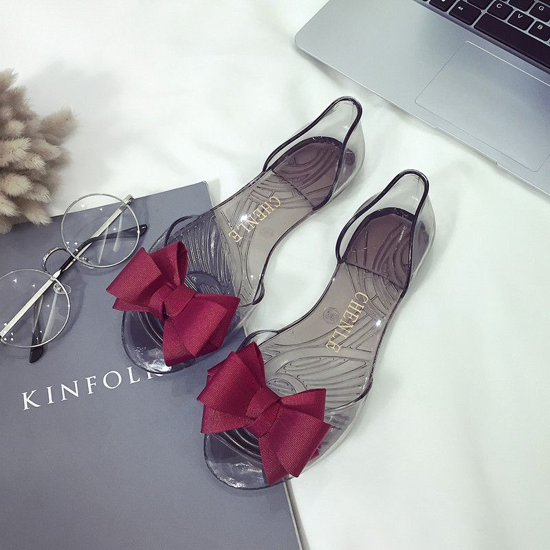 Heli Shark Summer New Transparent Daily Sandals Women's Ribbed Bowknot Casual Flat Peep Toe Shoes Slippers_vogvips.com