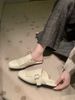 Women's Retro Leather Buckle Slip-On Mule Half Slippers Tassel Carved Sheepskin Closed Toe Versatile And Easy To Wear_vogvips.com