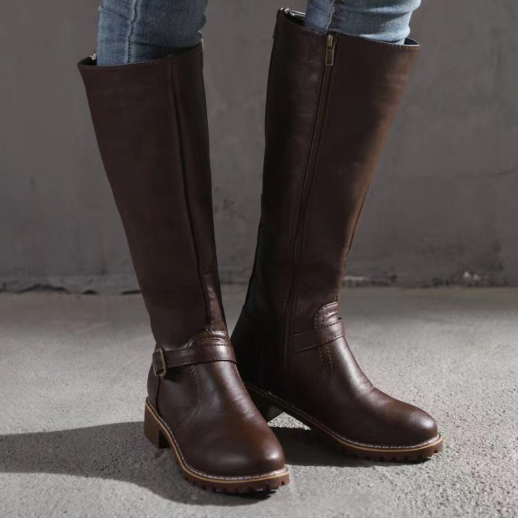 Women's Retro Belt Buckle Low Heel Riding Boots Plus Size Winter High Boots_vogvips.com