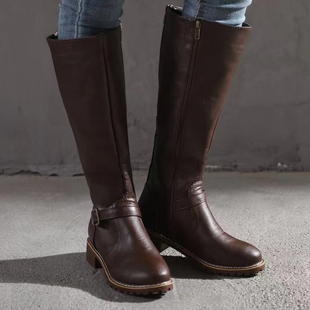 Women's Retro Belt Buckle Low Heel Riding Boots Plus Size Winter High Boots_vogvips.com