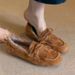 Leather One-pedal Velvet Beanie Shoes Frosted Tassel Lace-up Round Head Flat-bottom Loafers Single Shoes Women_vogvips.com