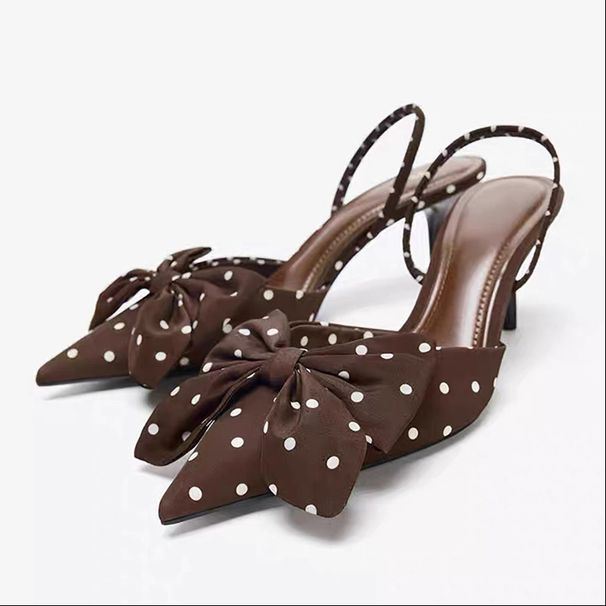 ZA Women's 2025 Autumn New Style Thin Brown Polka Dot Pointed Toe Sandals High Heel Back Strap French Bow Single Shoes_vogvips.com