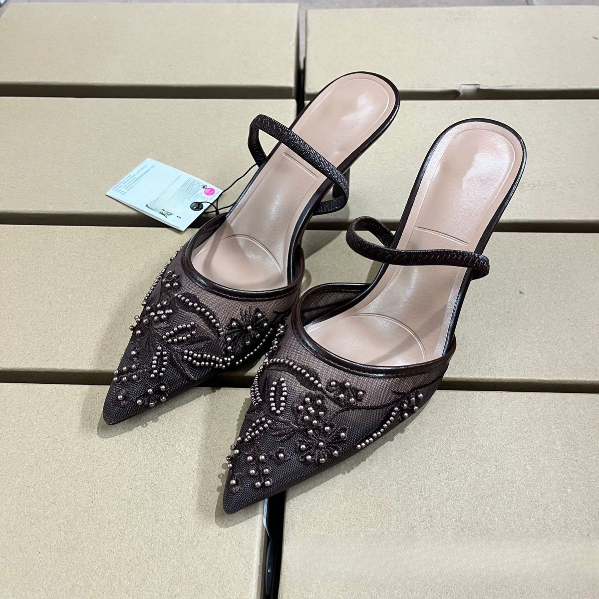 Women's Shoes White High Heels For Women Mesh Embroidery Pointed Toe Stiletto Sandals Back Strap Mules Beaded Wedding Shoes_vogvips.com
