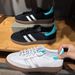 Black Suede White Stripe Retro Low Top Sneakers With Cyan Heel Detail_vogvips.com