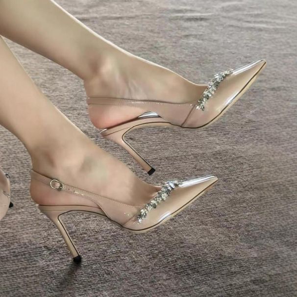 2024 New Summer One-Strap Nude Rhinestone High Heels Sexy Pointed Elegant Closed-Toe Sandals For Women Thin Heel_vogvips.com
