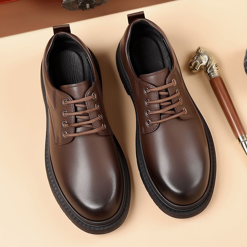 European Warm Series Men's Leather Autumn Winter Brown Business Formal Casual Fleece Derby British Style Big Toe Heightening Wedding Shoes_vogvips.com
