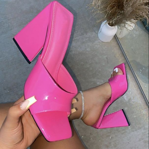 Women's Pink High Heels Thick And Thin With Fashion One-line High Heels Slippers_vogvips.com