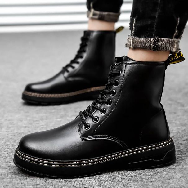 Motorcycle Leather Boots Men's Autumn Thick Soled Wear Casual Shoes Men's Winter Leather Waterproof Non-slip Black Boots_vogvips.com
