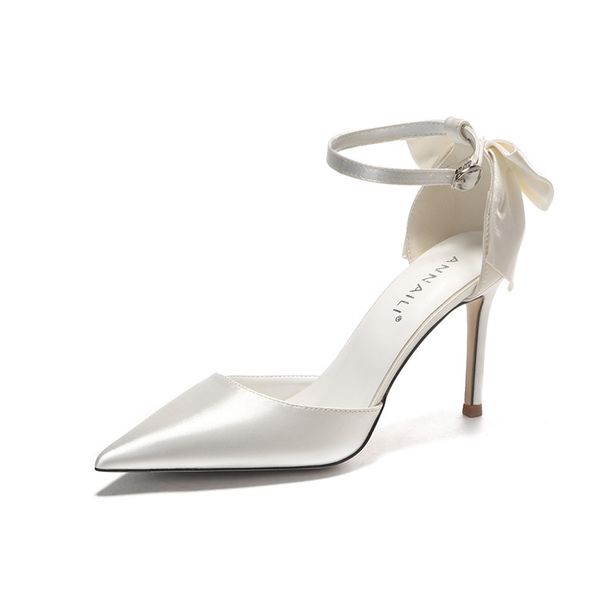 Women's Satin Wedding Shoes White Stiletto Heel Pumps with Single Strap Sweet Bow plus Size High Heels 42 43_vogvips.com