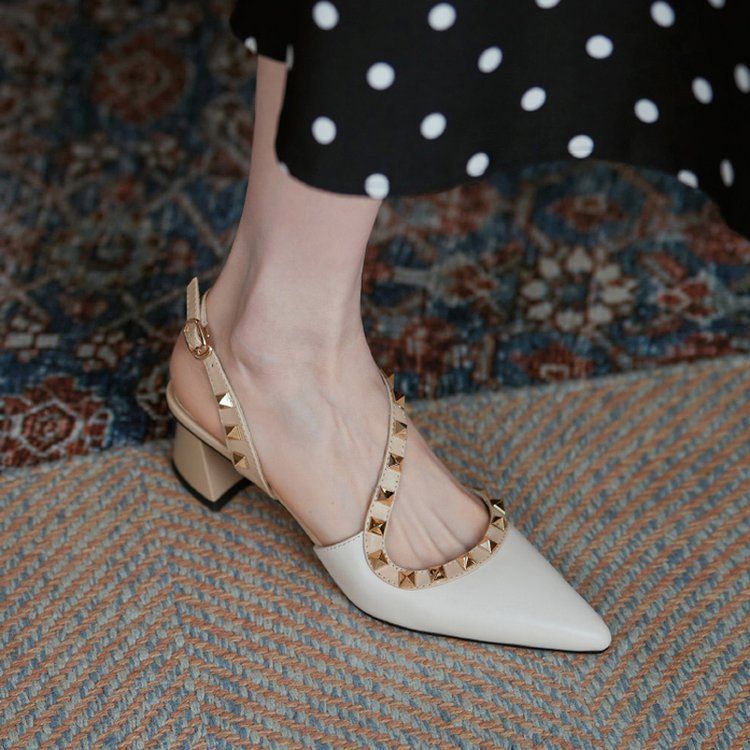 2024 New Spring Summer French Style Simple High Heels Pointed Studded Chunky Heel Shallow Mouth Closed Toe Mary Jane_vogvips.com
