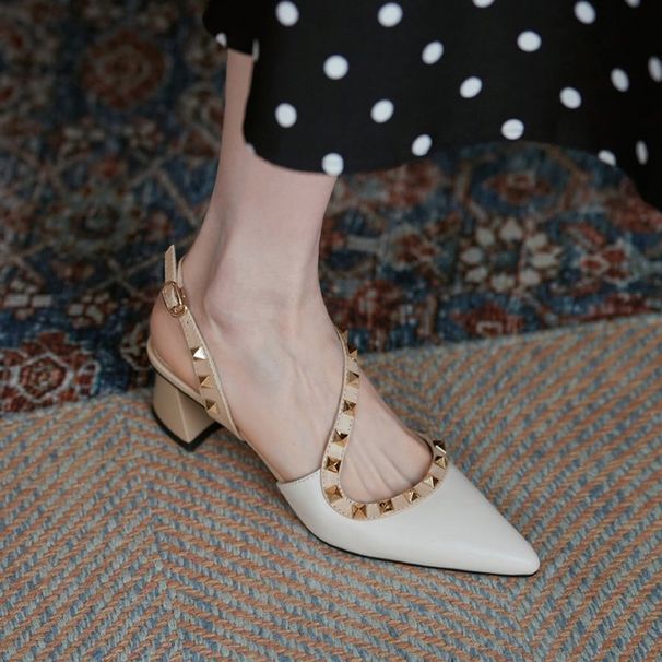 2024 New Spring Summer French Style Simple High Heels Pointed Studded Chunky Heel Shallow Mouth Closed Toe Mary Jane_vogvips.com