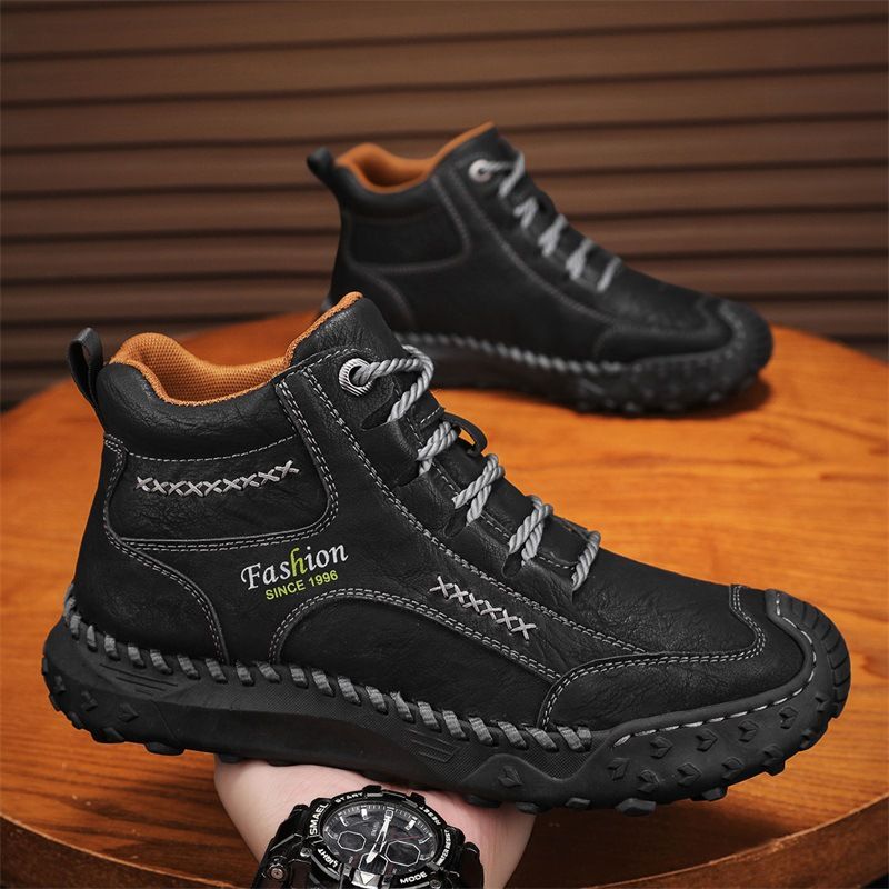 Men's Lace Up Casual Leather Shoes, Handmade Stitching, Outdoor Anti Slip And Wear-resistant Low Cut Hiking Workwear Boots_vogvips.com