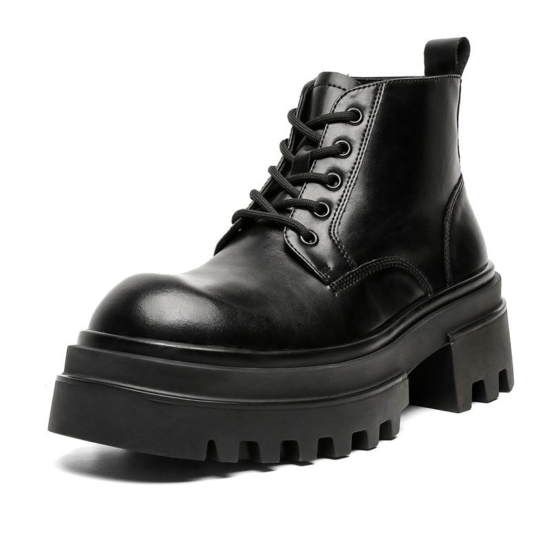 Black Tooling Big Head Lace-Up Thick Sole Height-Up Martin Boots_vogvips.com