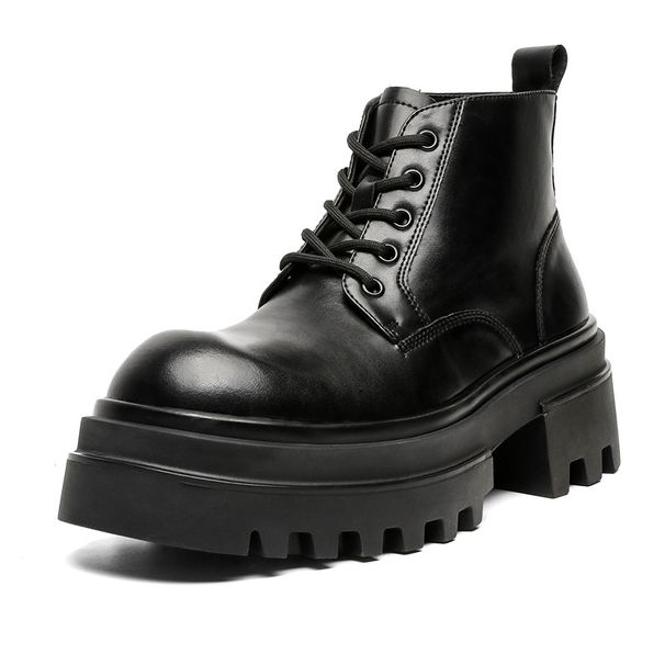 Black Tooling Big Head Lace-Up Thick Sole Height-Up Martin Boots_vogvips.com