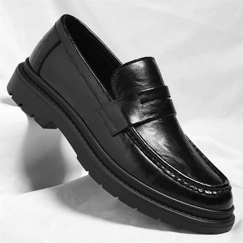 Men's Slip-On Leather Loafers With Textured Thick Sole For Business Formal_vogvips.com