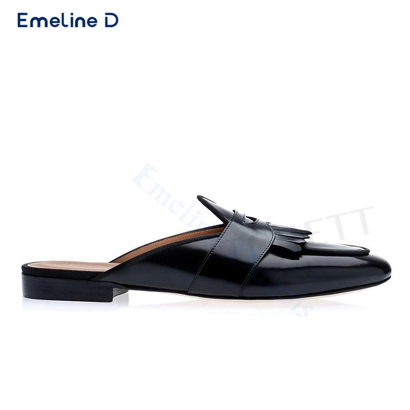 Leather Pointed Slip-On With Tassel Edges And Hollow Back Fashionable Closed Toe Slippers Comfortable Men's Shoes_vogvips.com