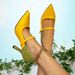 Women's Bright Yellow & Green Colorblock Pointed Toe Mary Jane Stiletto Pumps, Office Party Dress Heels_vogvips.com