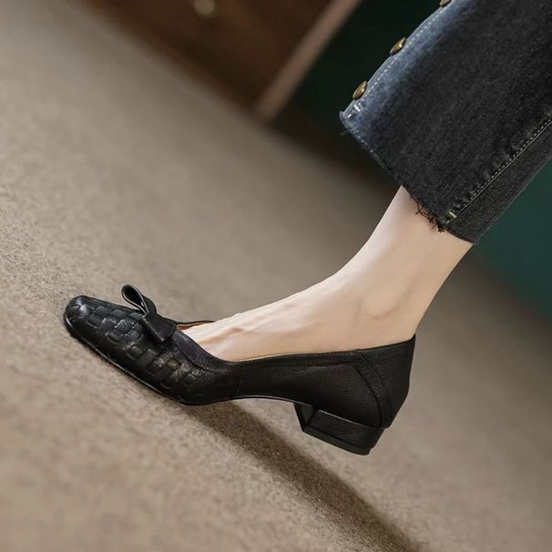French Style Soft Sole Single Shoes With Bowknot, New Spring And Autumn Shallow Mouth Handmade Flat Square Toe Elegant_vogvips.com