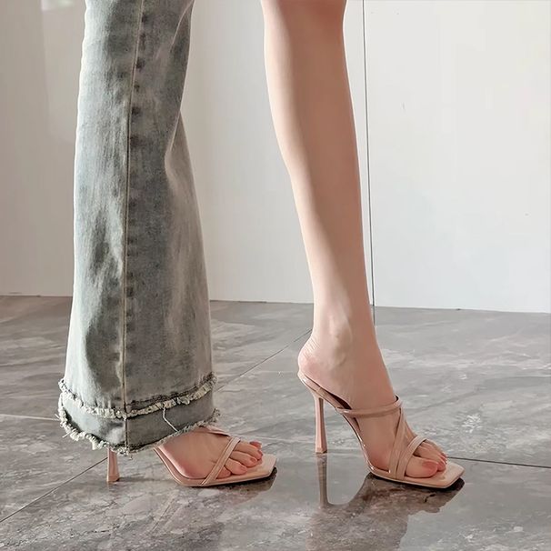 Nude Patent Leather One-strap Sandals - Women's New Summer Collection, Stiletto Heel, Square Toe, High Heels, Sexy Open-toe Slides_vogvips.com