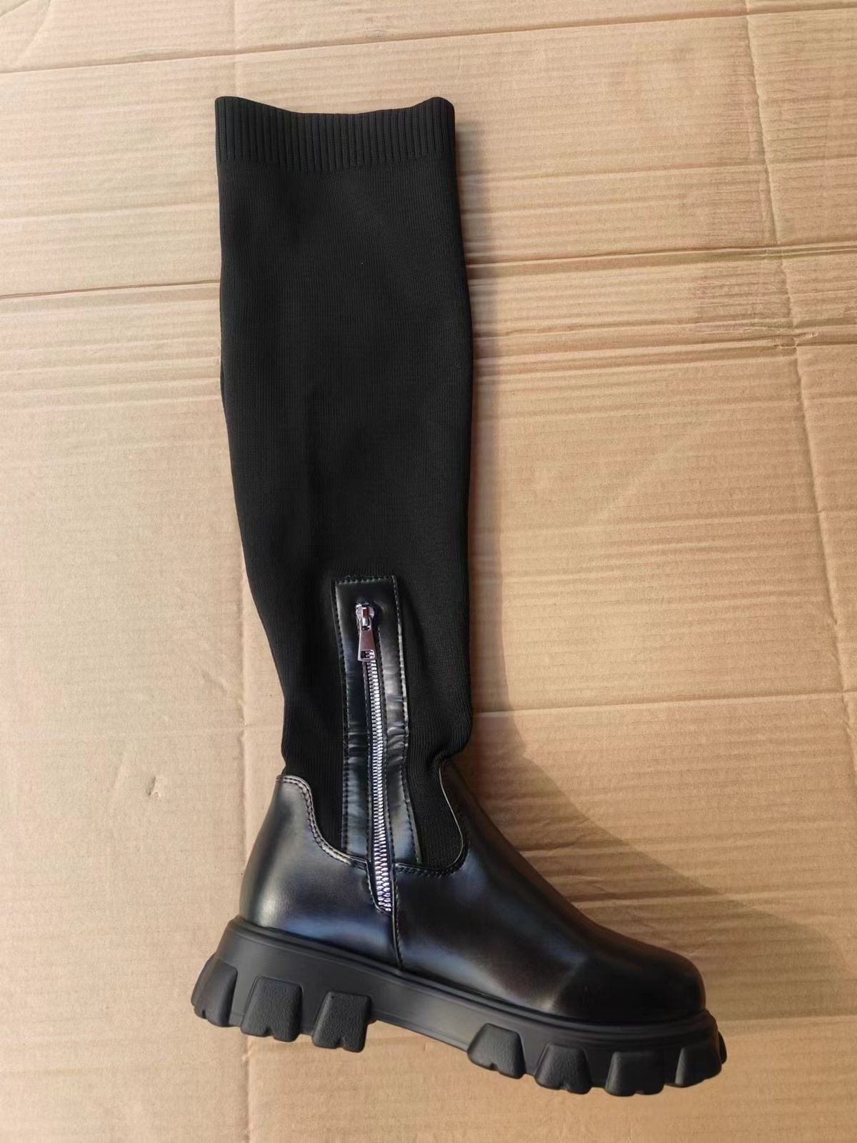Autumn And Winter Thick Soled Knee Boots For Women With Elastic Fly Knitted Wool High Boots, Round Toe Breathable Single_vogvips.com