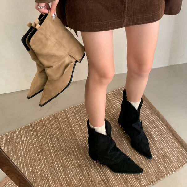 Chunky Heel Pointed Toe Booties Street Style Short Boots Women's Shoes Autumn Winter 2025 New Brown Western Slim Fit_vogvips.com