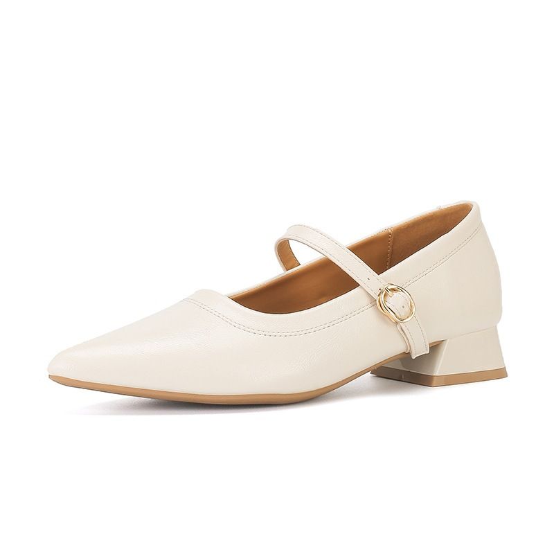 New Vintage Pointed-toe Mary Jane Women's With Chunky Heel And Single Strap, Elegant Mid-heel Versatile Shallow Leather_vogvips.com