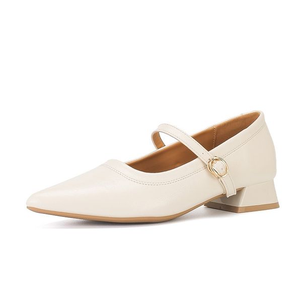 New Vintage Pointed-toe Mary Jane Women's With Chunky Heel And Single Strap, Elegant Mid-heel Versatile Shallow Leather_vogvips.com