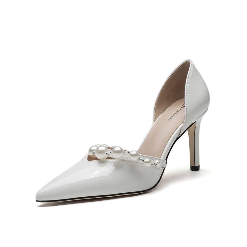 Women's Pearl Hollow Single Shoes A12 Stiletto Heel Pointed Toe Low Mouth Fashion High Heels Bridesmaid Banquet Wedding_vogvips.com