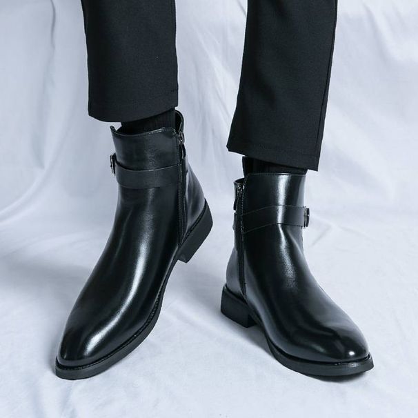 2025 Large-size Men's Boots, British Style, Fashionable High-top Leather Shoes, Side Zippers, Mid-top, Gentlemanly_vogvips.com