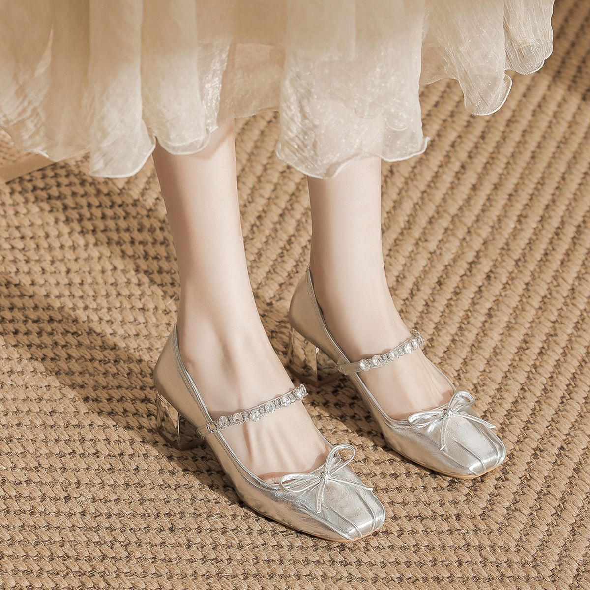 2026 Round-toe Mary Jane Ballet Shoes, Women's Matching Skirt, High-heeled Women's French Silver Single Shoes_vogvips.com