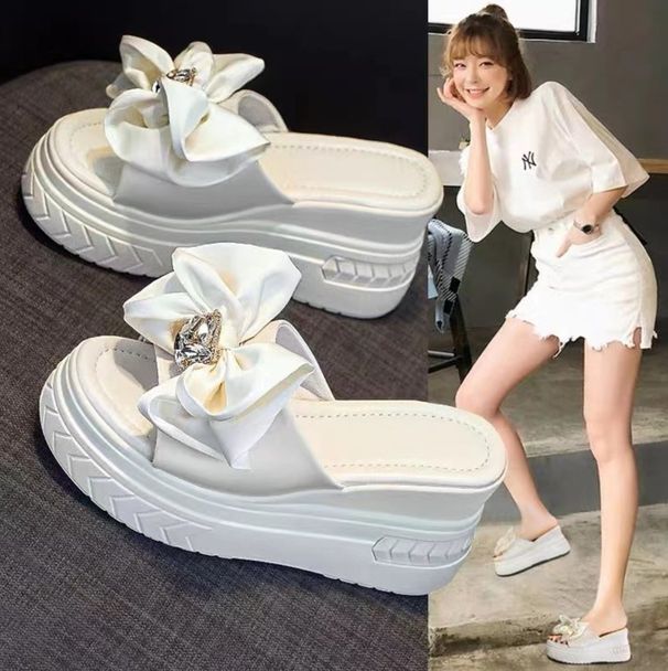 Women's Wedge Heel Thick-Soled Sandals For Outdoor Wear, Fairy Style With Bow And Rhinestones, 2025 New Spring Fashion_vogvips.com