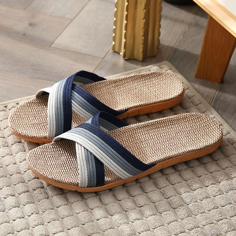 Men Shoes Slippers Linen Home Indoor Open Toe Flat Shoe Beach Slippers Striped Spliced Rubber Sandals Zapatillas Hombre_vogvips.com