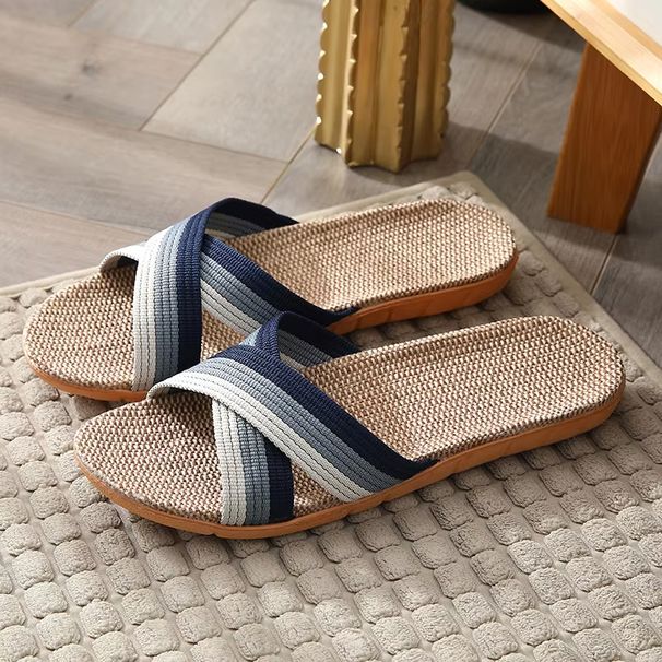 Men Shoes Slippers Linen Home Indoor Open Toe Flat Shoe Beach Slippers Striped Spliced Rubber Sandals Zapatillas Hombre_vogvips.com