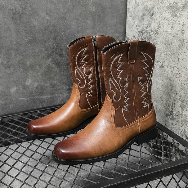 New Fashion Brown Retro Chelsea Boots Men Square Toe Zipper Martin Boots British Business Men's Boots Leather Short Boots_vogvips.com