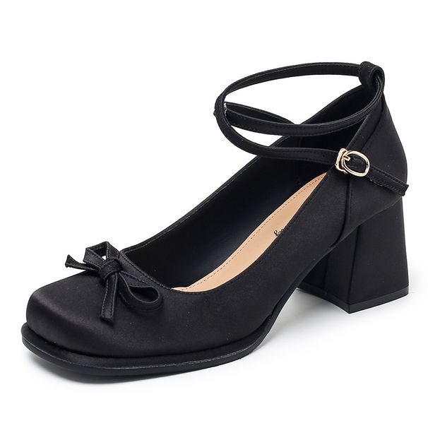 Elegant French Chunky Heel Mary Jane Pumps - Satin Ballet Shoes With Platform For Women - Comfortable Round Toe Mid Heel Dress Shoes In Beige & Black_vogvips.com
