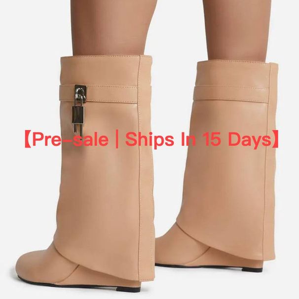 【Pre-sale | Ships In 15 Days】Vintage Large Round Pointed High Heel Metal Lock Wedge Pants Boots Plus Size Sleeve_vogvips.com