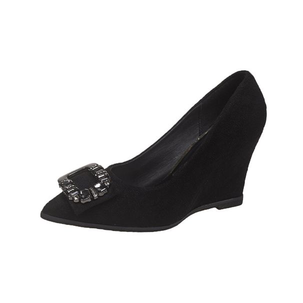 NEW Best-selling Women's Plus-size Black Platform Wedge Heels With Rhinestone Buckle Decoration, Fashionable, Versatile And Simple Design_vogvips.com