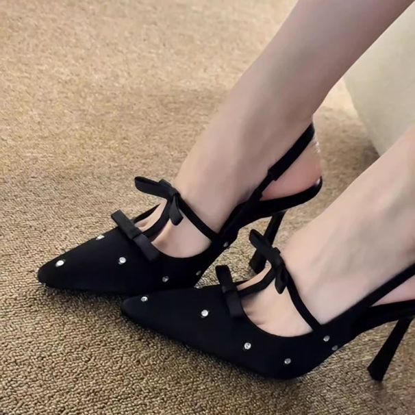 Rhinestone Sexy Bowknot Polka Dot Spring/Autumn Black High Heels 2025 New Thin Heel Backless Sandals Sweet And Cute_vogvips.com