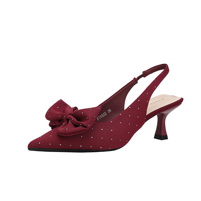 Qianluhui French Polka Dot Bow Elegant Satin High Heel Women's Shoes Stiletto Pointed Toe Summer New Sandals_vogvips.com