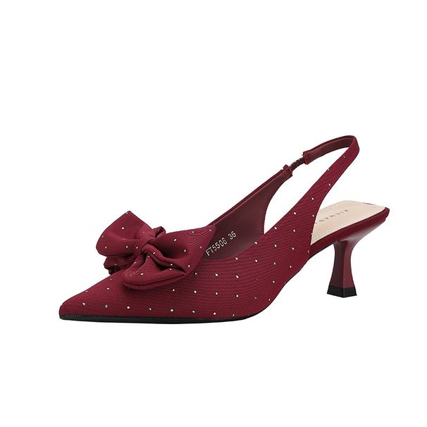 Qianluhui French Polka Dot Bow Elegant Satin High Heel Women's Shoes Stiletto Pointed Toe Summer New Sandals_vogvips.com