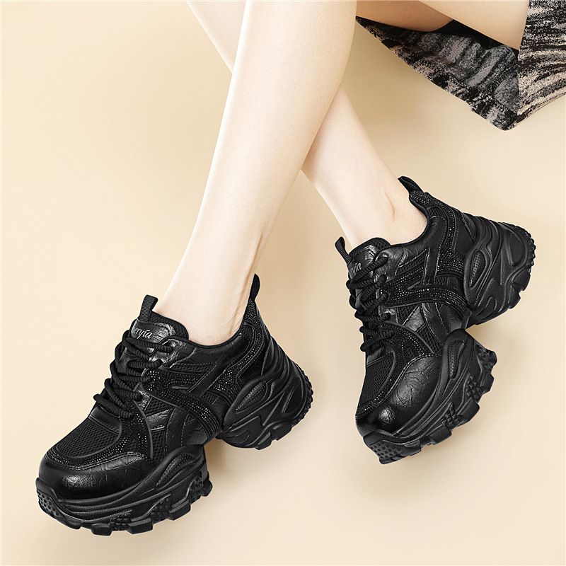 2025 New Genuine Leather Diamond-Studded Thick-Soled Versatile Women's Shoes Comfortable Women's Thick-Soled Dad Sneakers Fashionable_vogvips.com
